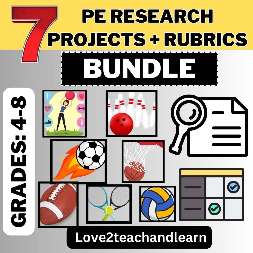 7 PE Research Projects + Rubrics Bundle