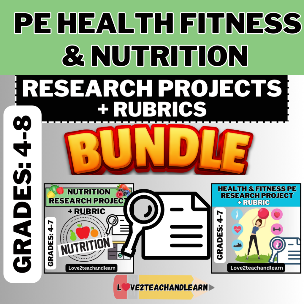 PE Health Fitness & Nutrition Research Projects + Rubric Bundle