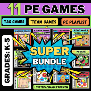 11 PE Games Activities BUNDLE for K-5 Team + Tag Gym Games + 117 Song Playlist