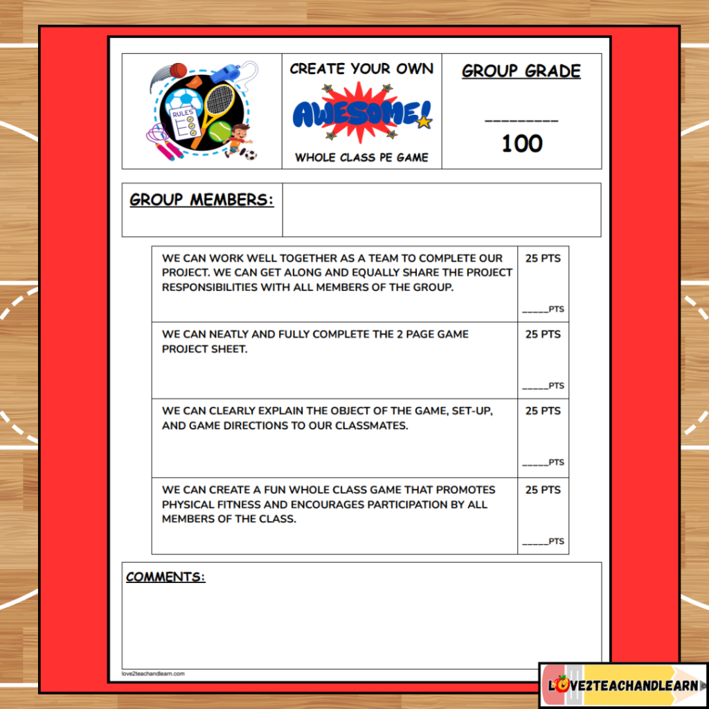 Teacher Grading Sheet - Create Your Own PE Project