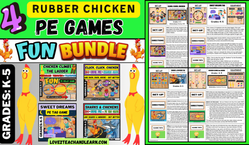 4 Game RUBBER CHICKEN PE Gym Games FUN BUNDLE K-5 Team Tag Activities, Stations