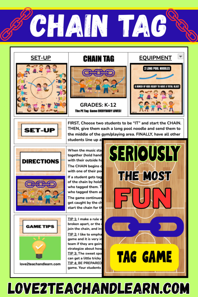 CHAIN TAG: Fun K-12 PE Warm-Up Gym Tag Games, Field Day Activity Sub Lesson Plan