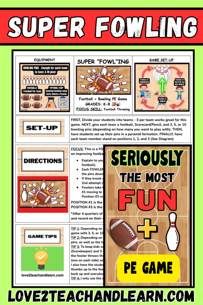 SUPER FOWLING: Fun K-8 Football Throwing + Bowling PE Gym Bowl, Field Day Games