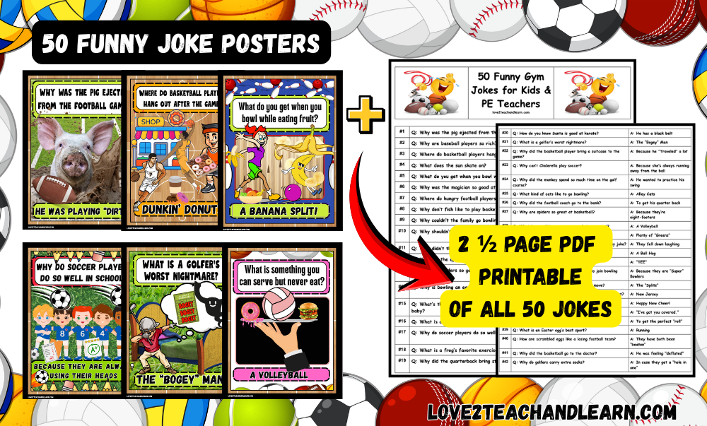 50 Funny Sports Jokes Color Posters - Instant Printable PE Gym Classroom Decor 