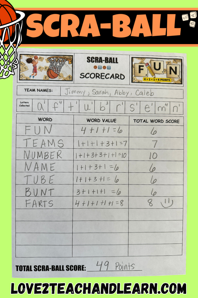 SCRABALL Scorecard - Love 2 Teach and Learn