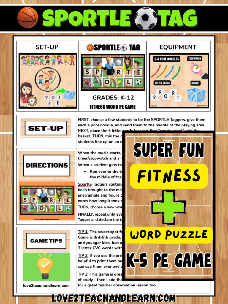 SPORTLE TAG: Fun K-12 (Fitness Word Puzzle) PE Game for Kids