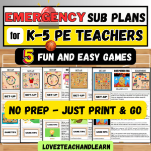 EMERGENCY! K-5 PE Sub PLANS Substitute Teacher Lesson Binder, 5 Gym Games BUNDLE