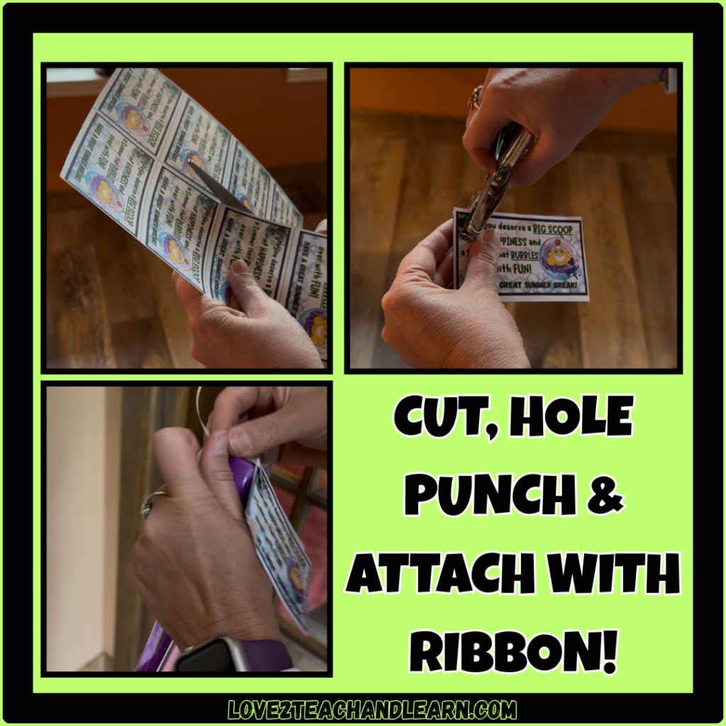 Step 4 Bubbles and Scoops - But, Hole Punch and attach with ribbon!