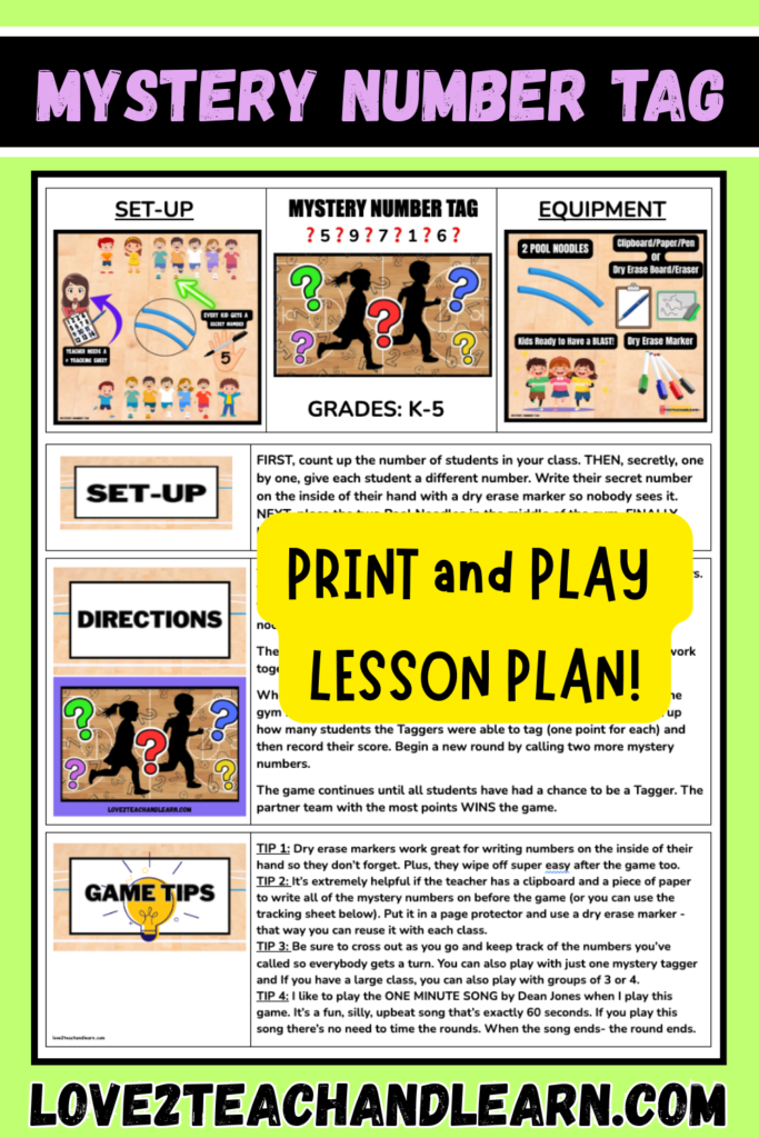 MYSTERY NUMBER TAG: Fun PE Gym Class Warmup Games & Activities Sub Lesson Plans