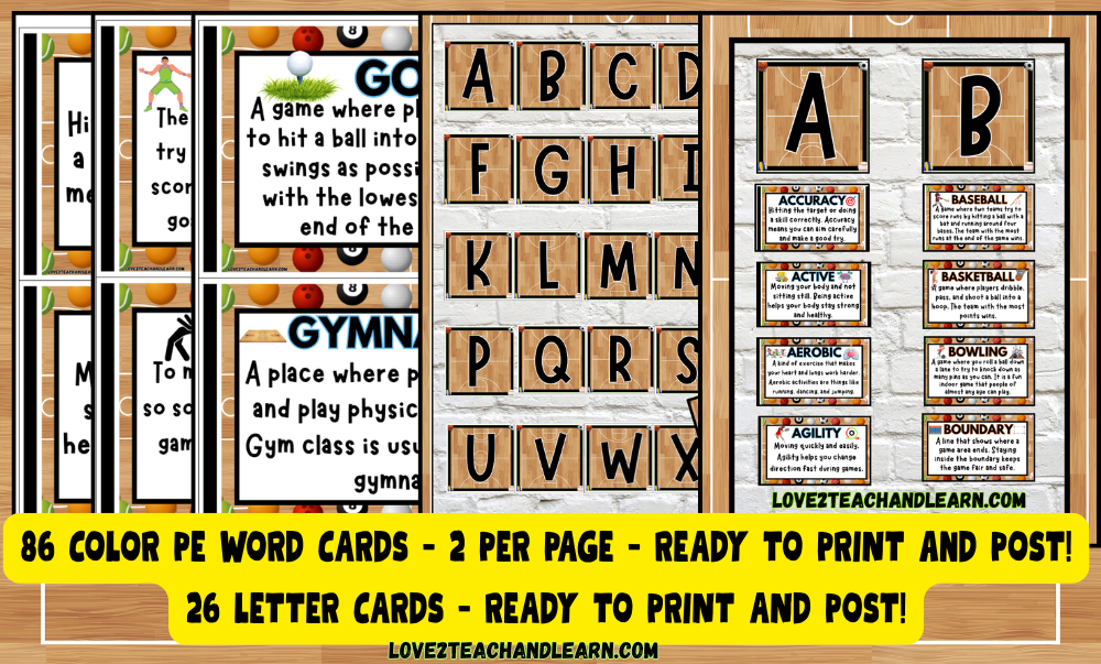 K-5 PE WORD WALL 86 Fitness Vocabulary Gym Decor Display CARDS Bulletin Board