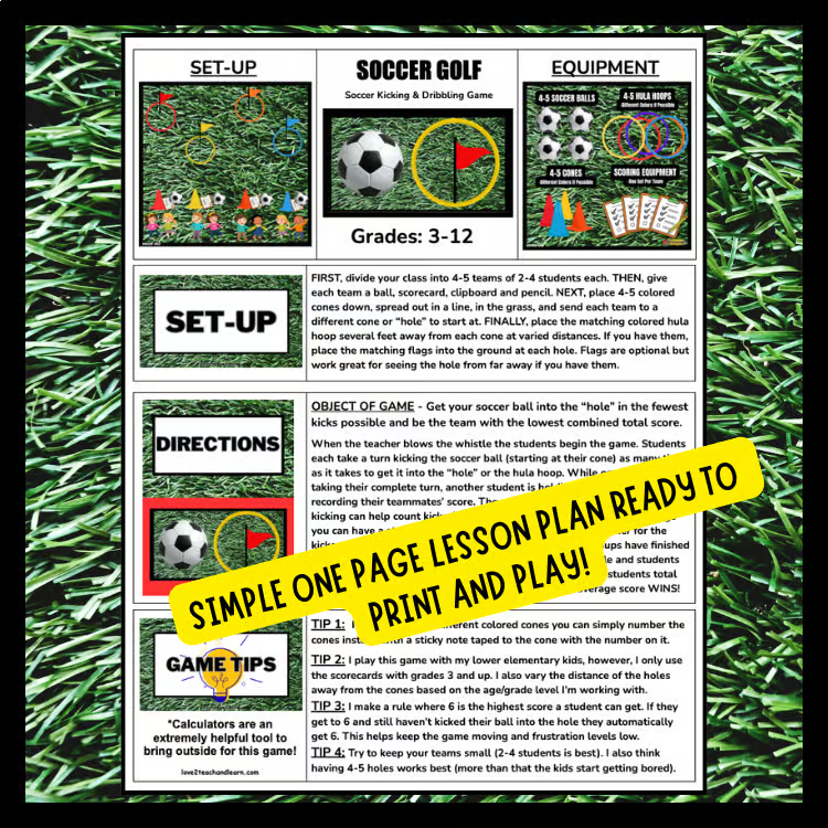 SOCCER GOLF Fun K-12 Outdoor PE Games Activity Directions Scorecards LESSON PLAN