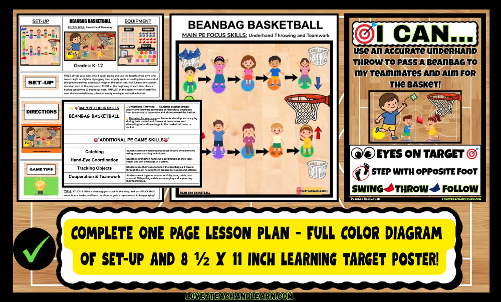 BEANBAG BASKETBALL PE Gym UNDERHAND THROWING CATCHING Games Teacher Lesson Plans